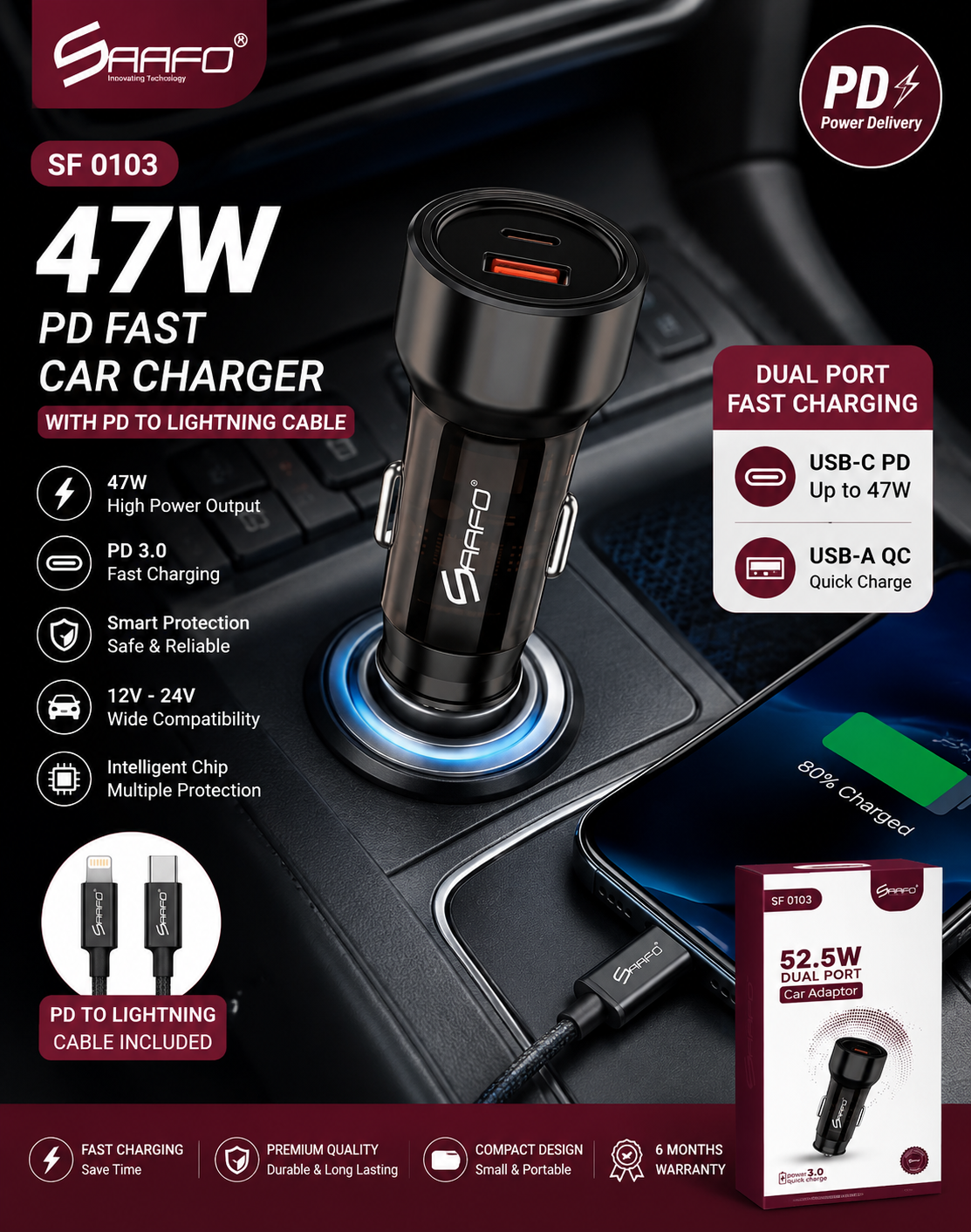 47W PD Fast Car Charger with Cable