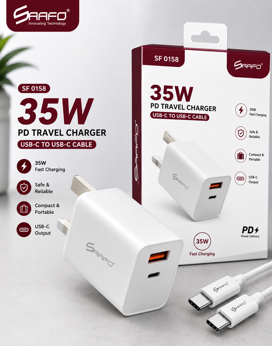35W PD Travel Charger with USB-C to USB-C Cable